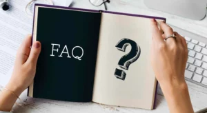 woman holding a book with the words FAQ and a question mark
