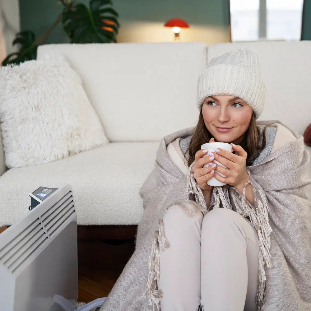 person holding a coffe cup wearing winter clothes sitting next to a heater